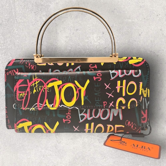 Alba Art Of Graffiti Two In One Clutch And Crossbody Bag Gold Accents - Picture 2 of 7